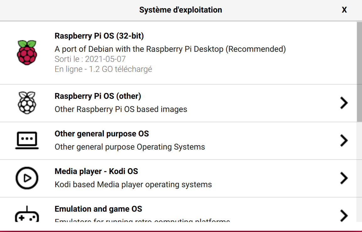image illustrative représentant la liste des systèmes d'exploitation possible à installer sur un Raspberry Pi 4